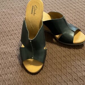 Clarks Black Leather Wedge Mules